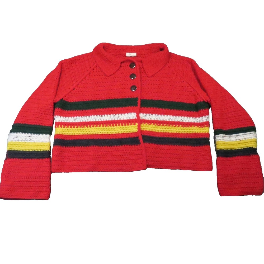 Emma Newly Cardigan 2X Red Striped‎ Button Up Crochet Handknit Cozy Grandmacore